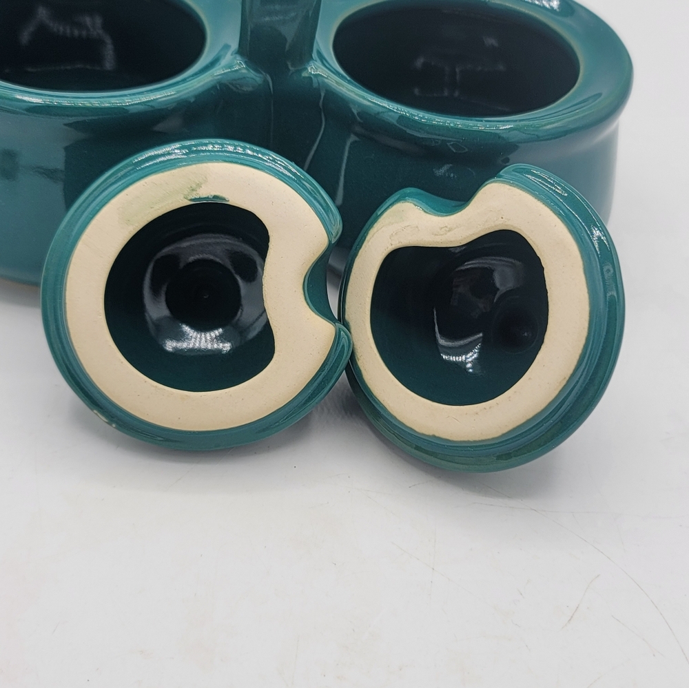 Teal Ceramic Vintage Taiwan Double Condiment Jar with Lids & Wooden Handle Spoon - Picture 6 of 8